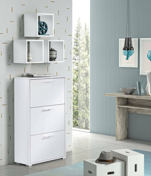 Scarpiera Axinite, Mobile multiuso da ingresso con 3 ante a ribalta, Armadietto portascarpe a doppia profonditÒ , Made in Italy, Cm 67x28h112, Bianco