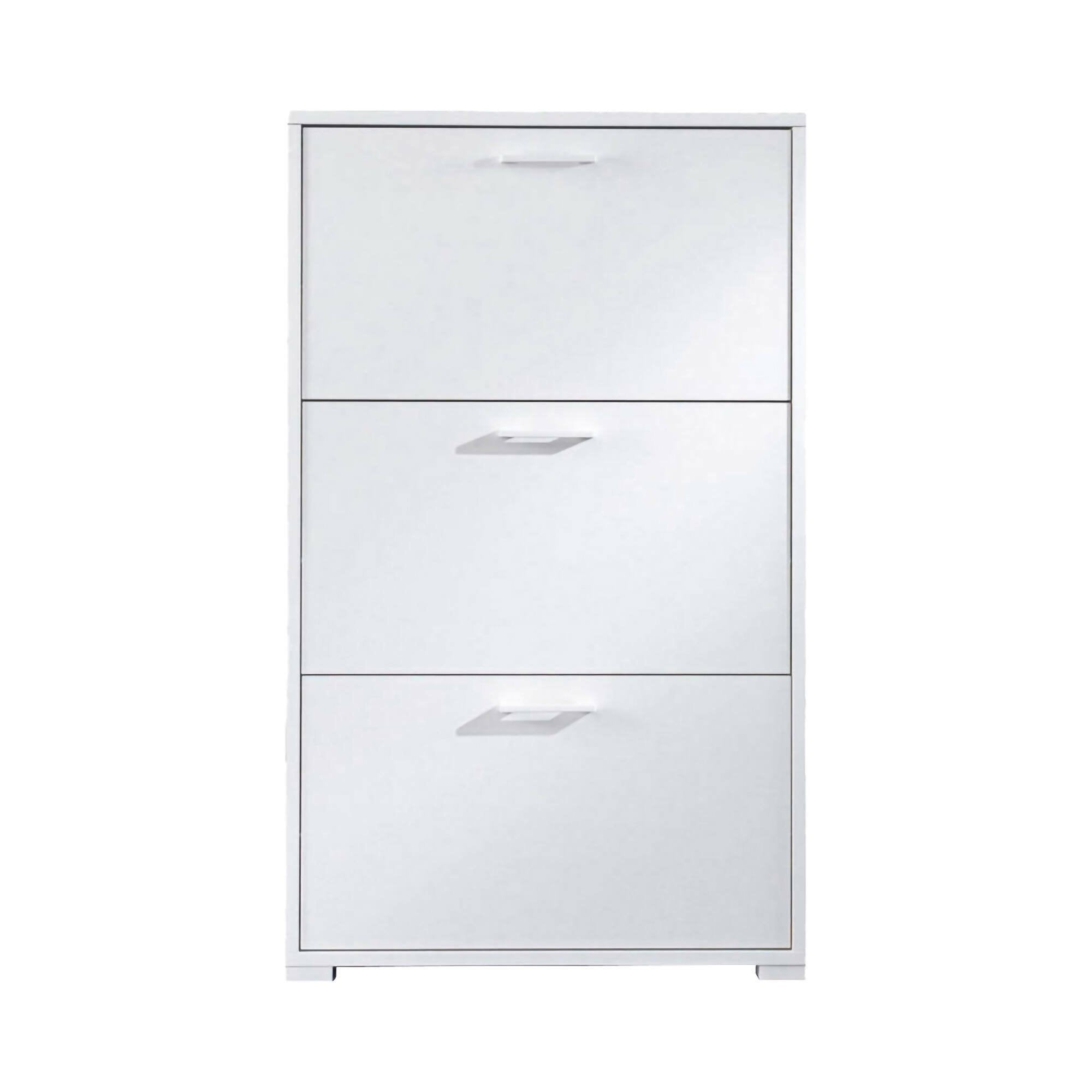 Scarpiera Axinite, Mobile multiuso da ingresso con 3 ante a ribalta, Armadietto portascarpe a doppia profonditÒ , Made in Italy, Cm 67x28h112, Bianco