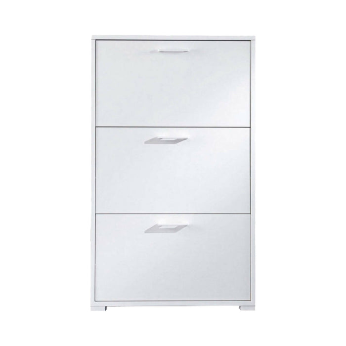 Scarpiera Axinite, Mobile multiuso da ingresso con 3 ante a ribalta, Armadietto portascarpe a doppia profonditÒ , Made in Italy, Cm 67x28h112, Bianco