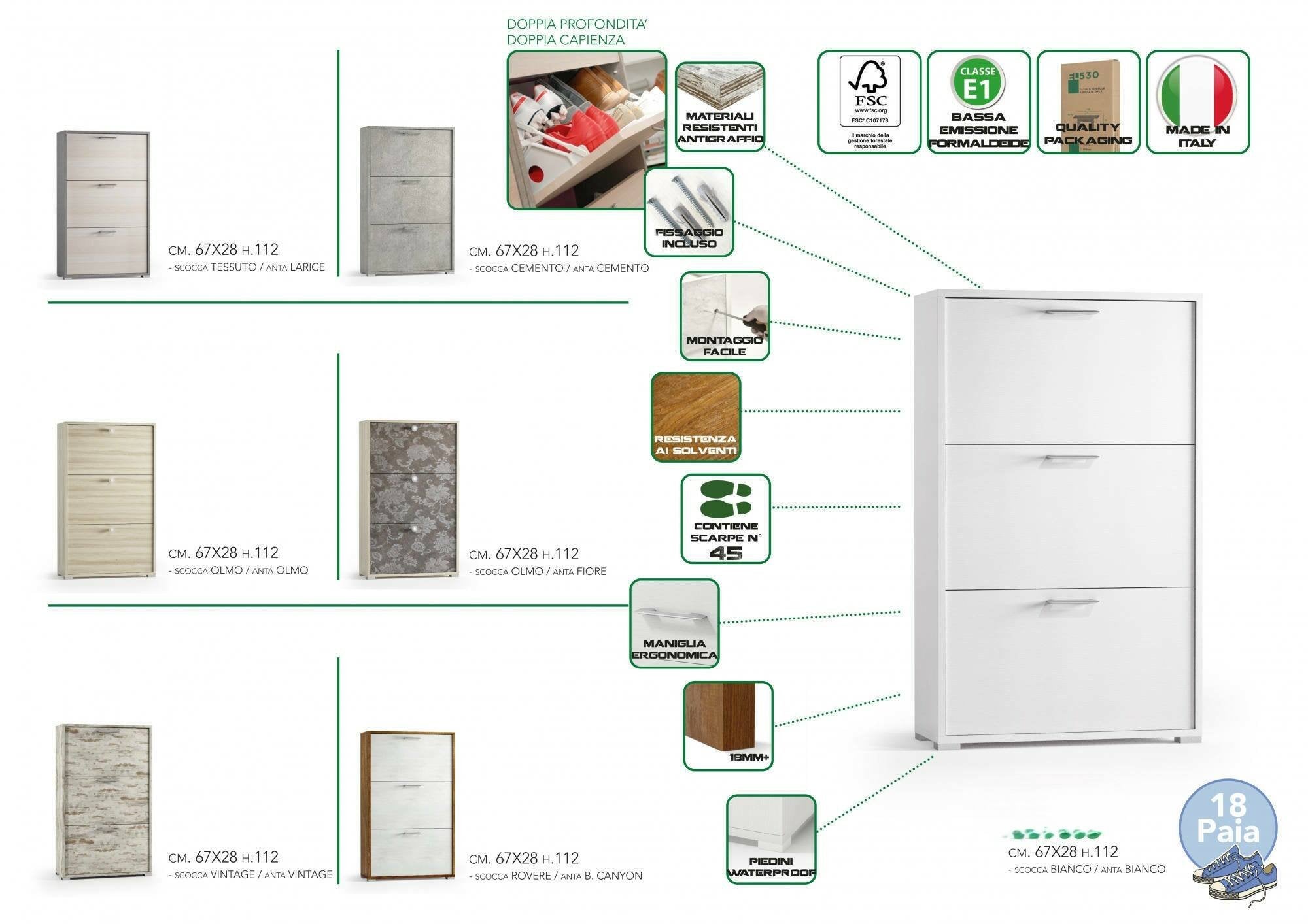 Scarpiera Axinite, Mobile multiuso da ingresso con 3 ante a ribalta, Armadietto portascarpe a doppia profonditÒ , Made in Italy, Cm 67x28h112, Larice
