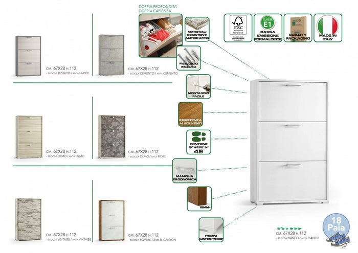 Scarpiera Axinite, Mobile multiuso da ingresso con 3 ante a ribalta, Armadietto portascarpe a doppia profonditÒ , Made in Italy, Cm 67x28h112, Larice