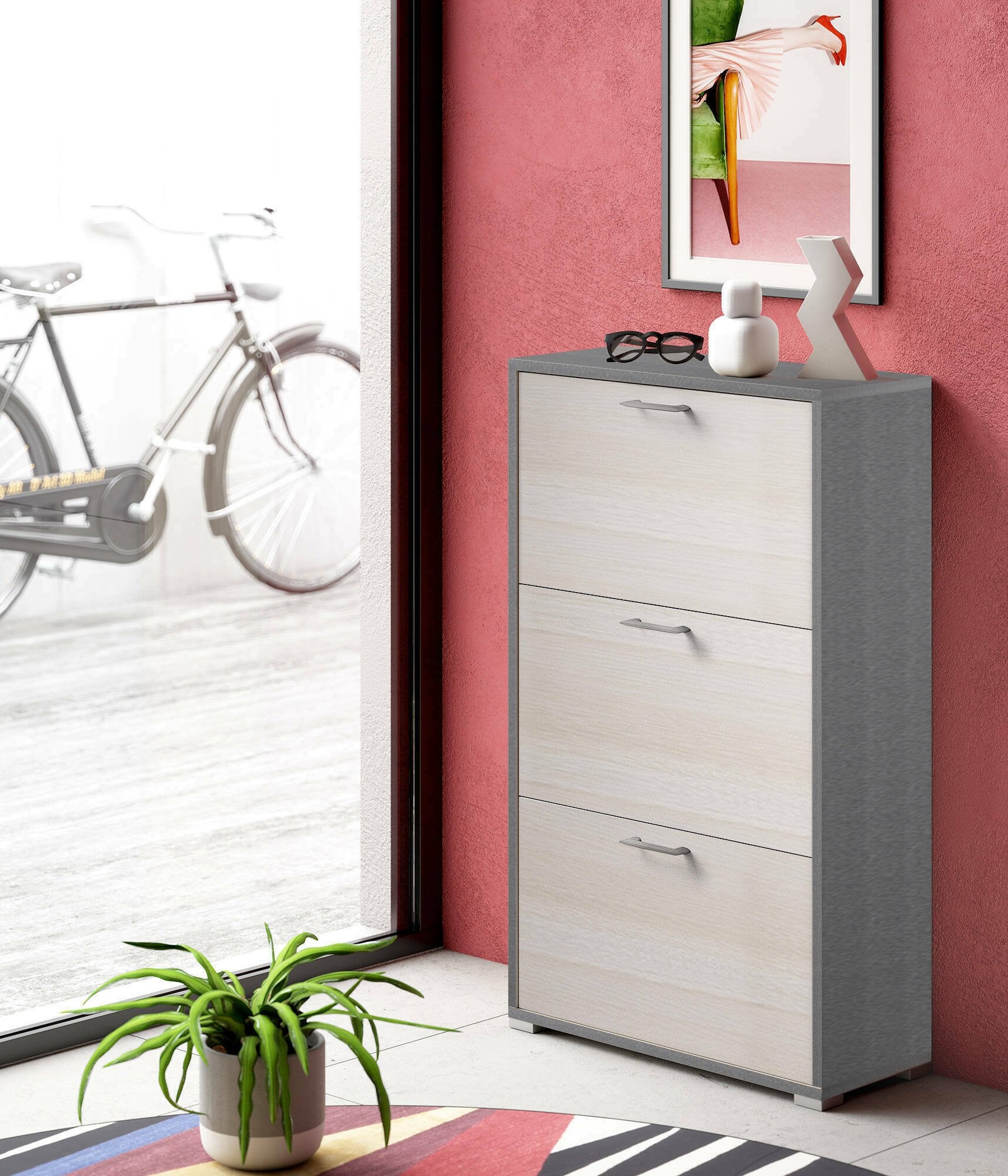 Scarpiera Axinite, Mobile multiuso da ingresso con 3 ante a ribalta, Armadietto portascarpe a doppia profonditÒ , Made in Italy, Cm 67x28h112, Larice