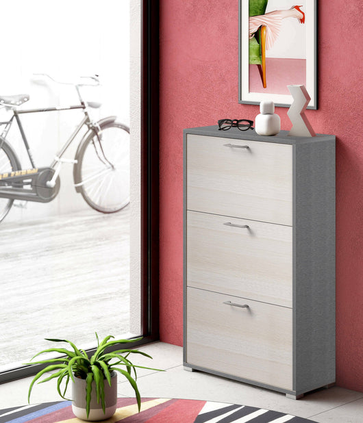 Scarpiera Axinite, Mobile multiuso da ingresso con 3 ante a ribalta, Armadietto portascarpe a doppia profonditÒ , Made in Italy, Cm 67x28h112, Larice