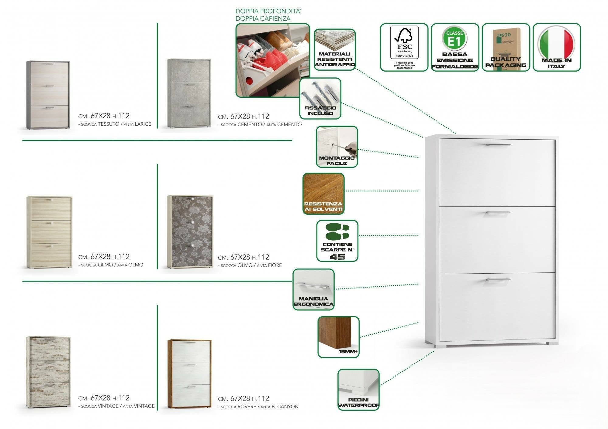Scarpiera Axinite, Mobile multiuso da ingresso con 3 ante a ribalta, Armadietto portascarpe a doppia profonditÒ , Made in Italy, Cm 67x28h112, Bianco e Cemento