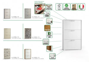 Scarpiera Axinite, Mobile multiuso da ingresso con 3 ante a ribalta, Armadietto portascarpe a doppia profonditÒ , Made in Italy, Cm 67x28h112, Bianco e Cemento