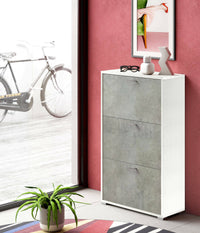 Scarpiera Axinite, Mobile multiuso da ingresso con 3 ante a ribalta, Armadietto portascarpe a doppia profonditÒ , Made in Italy, Cm 67x28h112, Bianco e Cemento