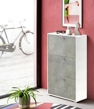 Scarpiera Axinite, Mobile multiuso da ingresso con 3 ante a ribalta, Armadietto portascarpe a doppia profonditÒ , Made in Italy, Cm 67x28h112, Bianco e Cemento