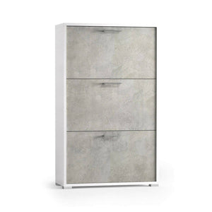 Scarpiera Axinite, Mobile multiuso da ingresso con 3 ante a ribalta, Armadietto portascarpe a doppia profonditÒ , Made in Italy, Cm 67x28h112, Bianco e Cemento