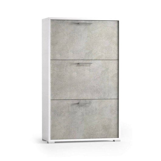 Scarpiera Axinite, Mobile multiuso da ingresso con 3 ante a ribalta, Armadietto portascarpe a doppia profonditÒ , Made in Italy, Cm 67x28h112, Bianco e Cemento