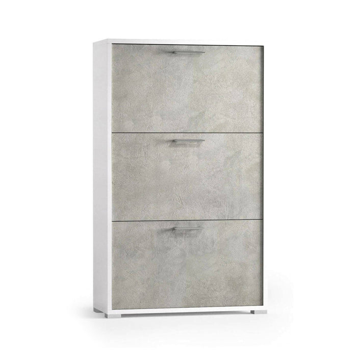 Scarpiera Axinite, Mobile multiuso da ingresso con 3 ante a ribalta, Armadietto portascarpe a doppia profonditÒ , Made in Italy, Cm 67x28h112, Bianco e Cemento