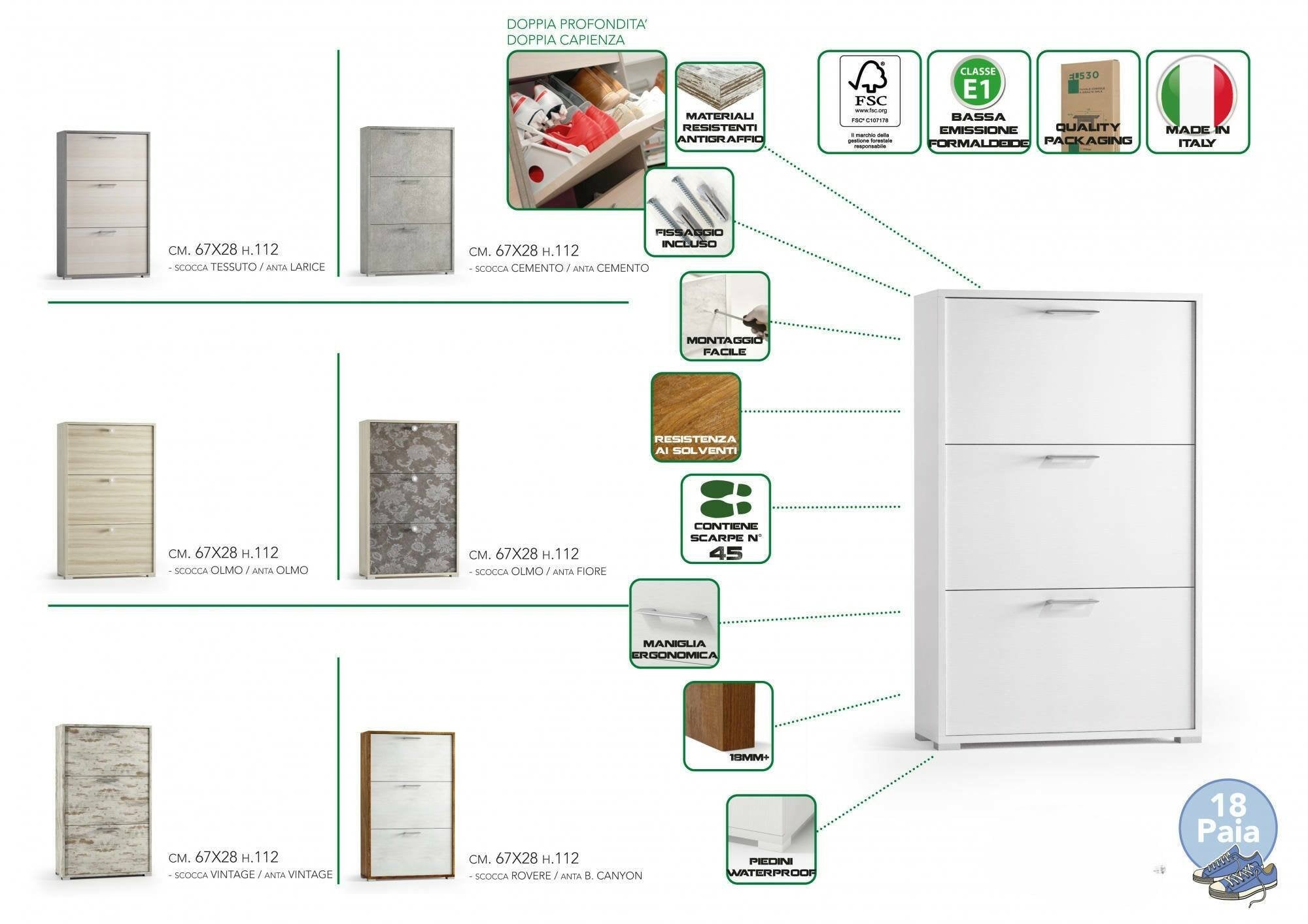 Scarpiera Axinite, Mobile multiuso da ingresso con 3 ante a ribalta, Armadietto portascarpe a doppia profonditÒ , Made in Italy, Cm 67x28h112, Cemento