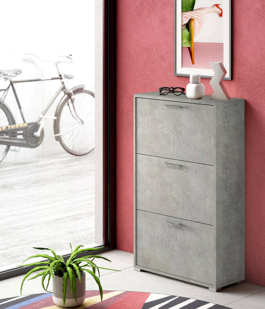 Scarpiera Axinite, Mobile multiuso da ingresso con 3 ante a ribalta, Armadietto portascarpe a doppia profonditÒ , Made in Italy, Cm 67x28h112, Cemento