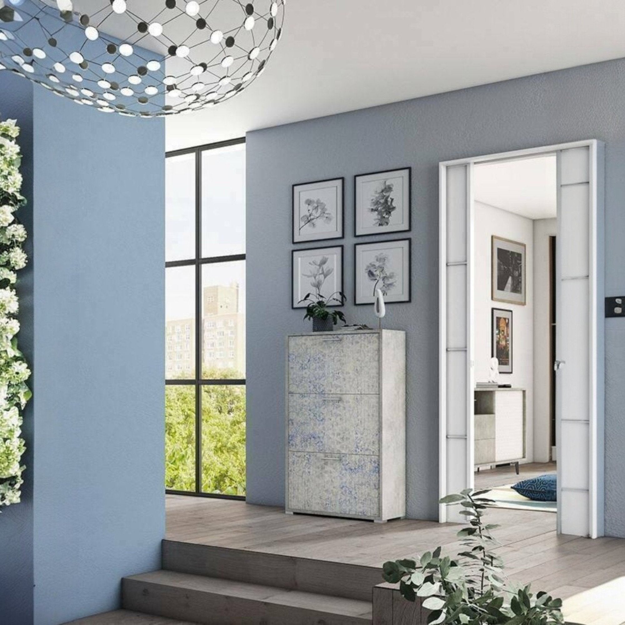 Scarpiera Axinite, Mobile multiuso da ingresso con 3 ante a ribalta, Armadietto portascarpe a doppia profonditÒ , Made in Italy, Cm 67x28h112, Cemento e Azzurro