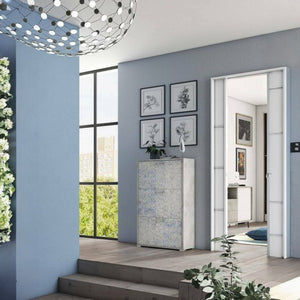 Scarpiera Axinite, Mobile multiuso da ingresso con 3 ante a ribalta, Armadietto portascarpe a doppia profonditÒ , Made in Italy, Cm 67x28h112, Cemento e Azzurro