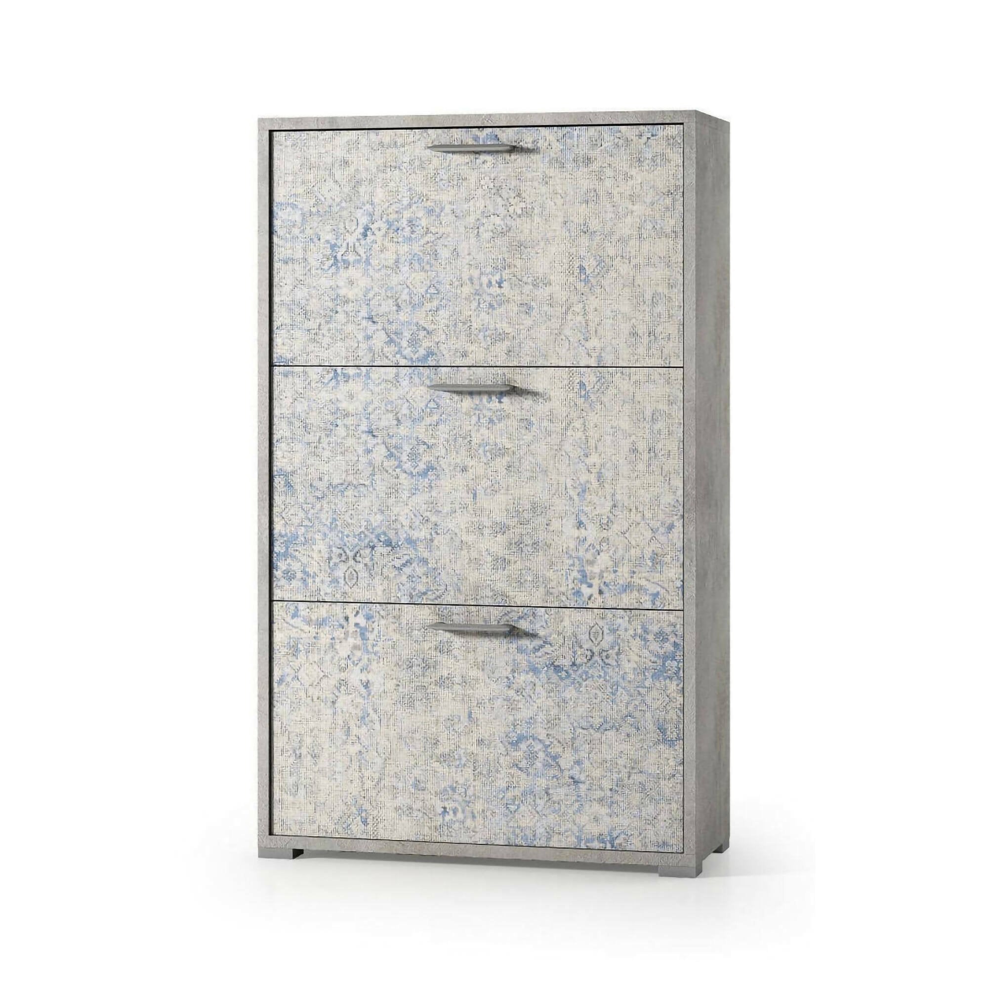 Scarpiera Axinite, Mobile multiuso da ingresso con 3 ante a ribalta, Armadietto portascarpe a doppia profonditÒ , Made in Italy, Cm 67x28h112, Cemento e Azzurro