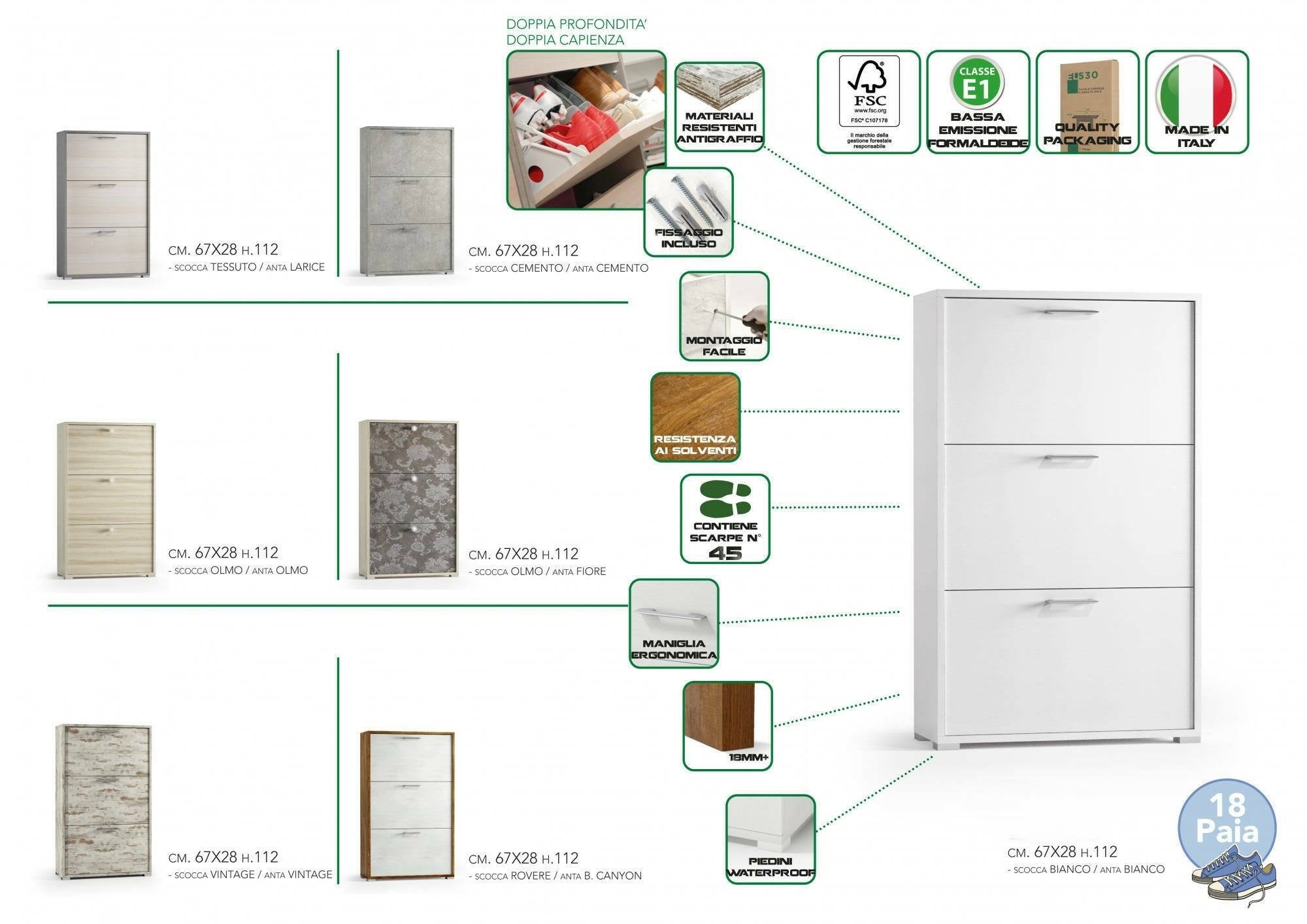 Scarpiera Axinite, Mobile multiuso da ingresso con 3 ante a ribalta, Armadietto portascarpe a doppia profonditÒ , Made in Italy, Cm 67x28h112, Olmo