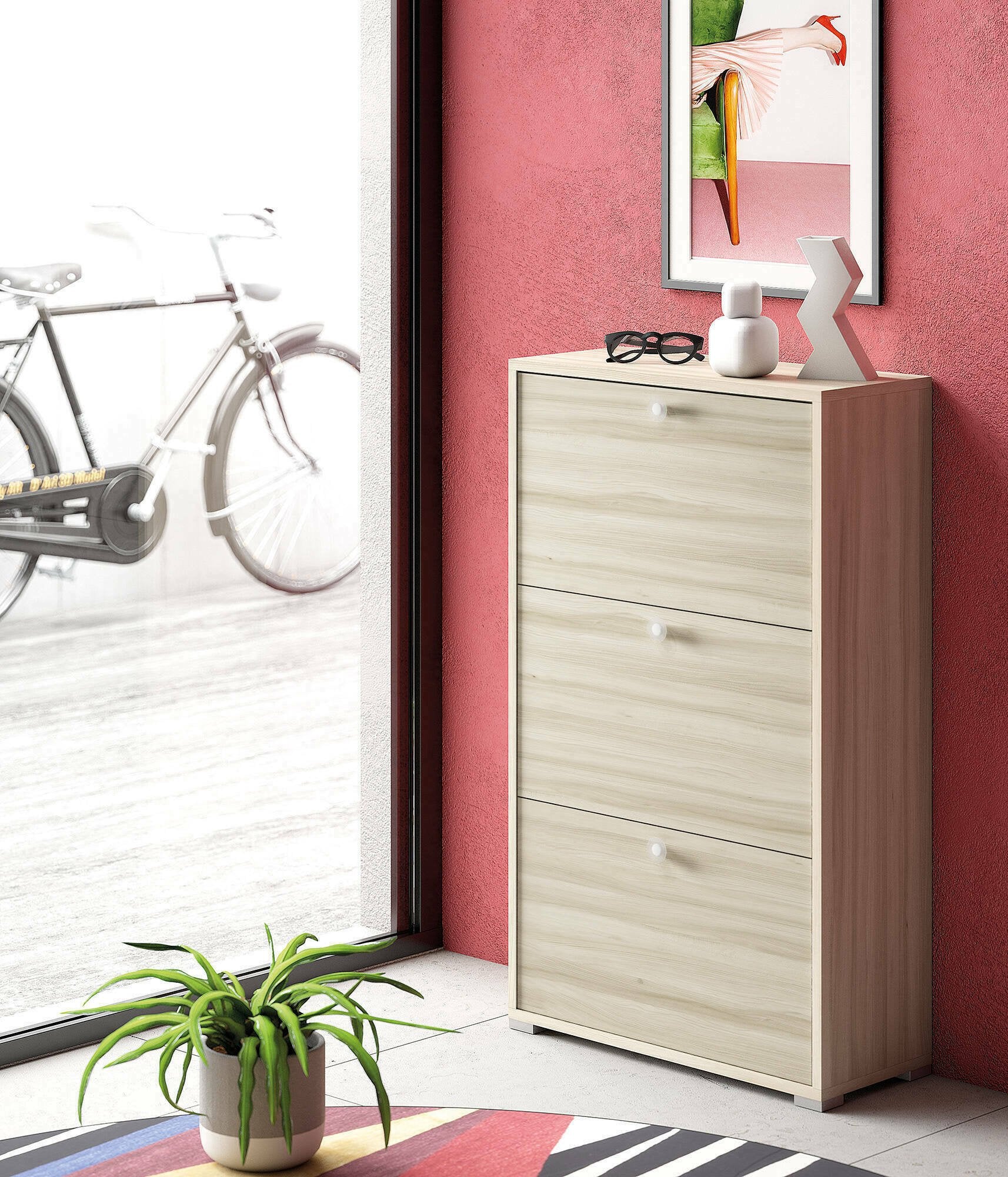 Scarpiera Axinite, Mobile multiuso da ingresso con 3 ante a ribalta, Armadietto portascarpe a doppia profonditÒ , Made in Italy, Cm 67x28h112, Olmo