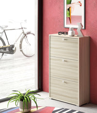 Scarpiera Axinite, Mobile multiuso da ingresso con 3 ante a ribalta, Armadietto portascarpe a doppia profonditÒ , Made in Italy, Cm 67x28h112, Olmo