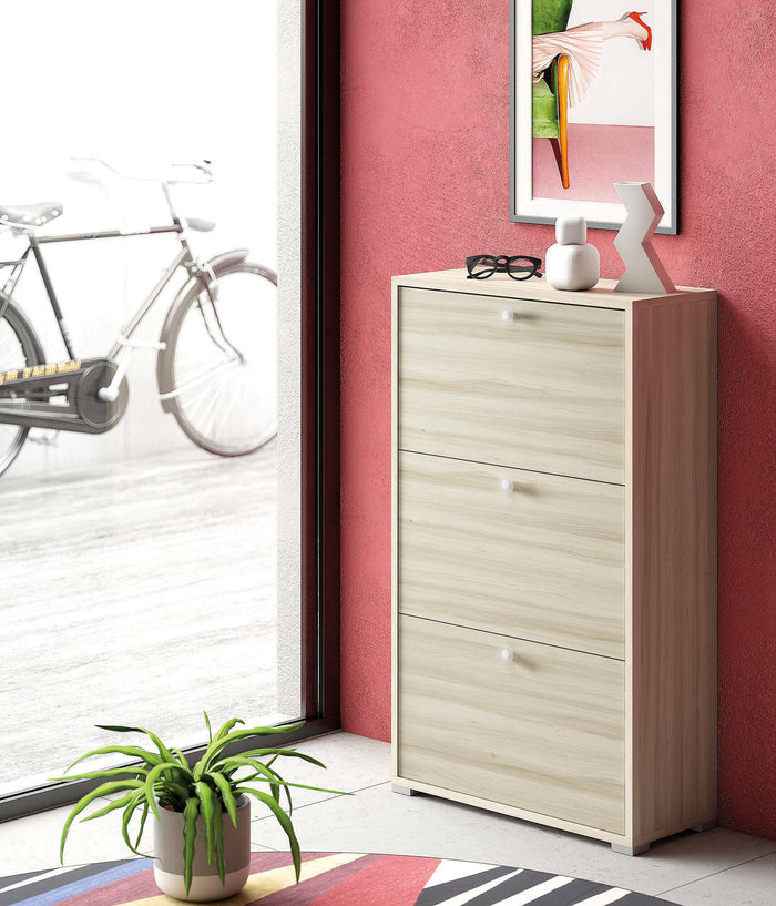 Scarpiera Axinite, Mobile multiuso da ingresso con 3 ante a ribalta, Armadietto portascarpe a doppia profonditÒ , Made in Italy, Cm 67x28h112, Olmo