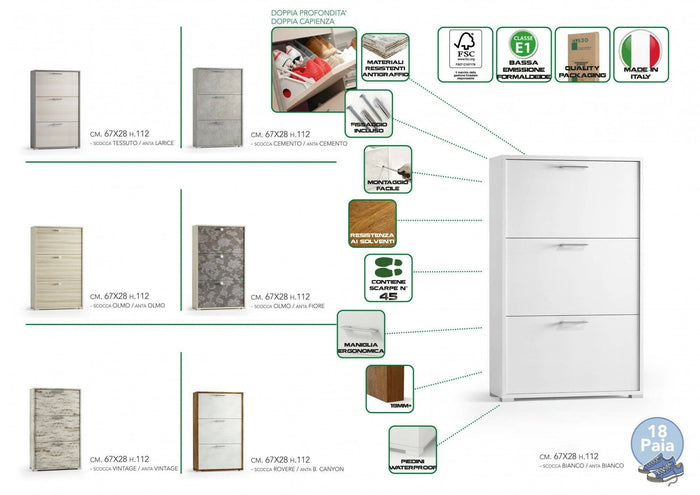 Scarpiera Axinite, Mobile multiuso da ingresso con 3 ante a ribalta, Armadietto portascarpe a doppia profonditÒ , Made in Italy, Cm 67x28h112, Bianco e Olmo