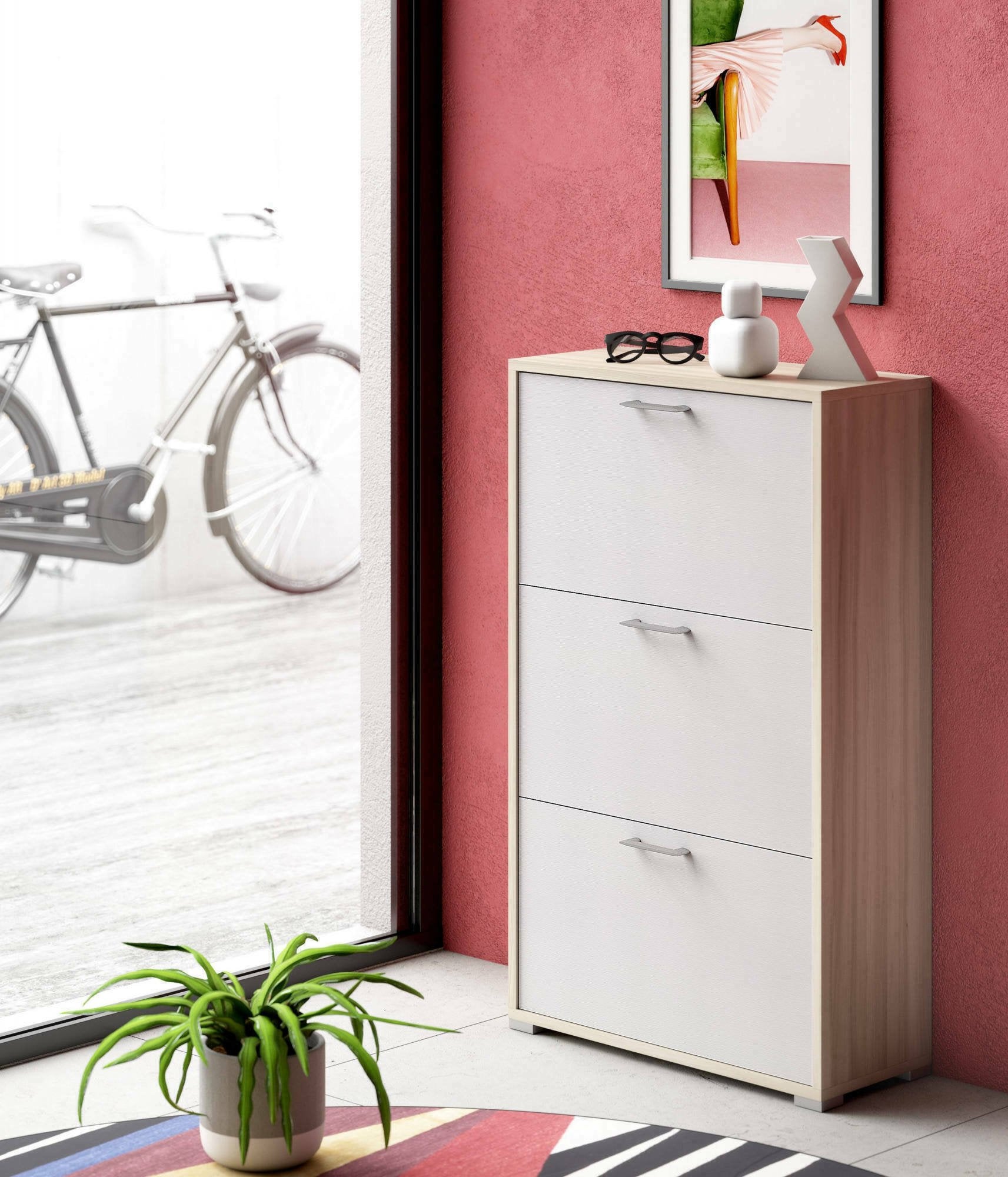 Scarpiera Axinite, Mobile multiuso da ingresso con 3 ante a ribalta, Armadietto portascarpe a doppia profonditÒ , Made in Italy, Cm 67x28h112, Bianco e Olmo