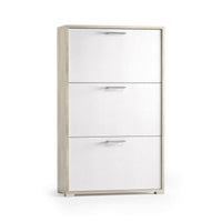 Scarpiera Axinite, Mobile multiuso da ingresso con 3 ante a ribalta, Armadietto portascarpe a doppia profonditÒ , Made in Italy, Cm 67x28h112, Bianco e Olmo