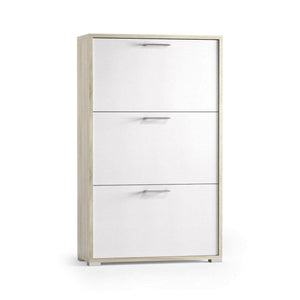 Scarpiera Axinite, Mobile multiuso da ingresso con 3 ante a ribalta, Armadietto portascarpe a doppia profonditÒ , Made in Italy, Cm 67x28h112, Bianco e Olmo