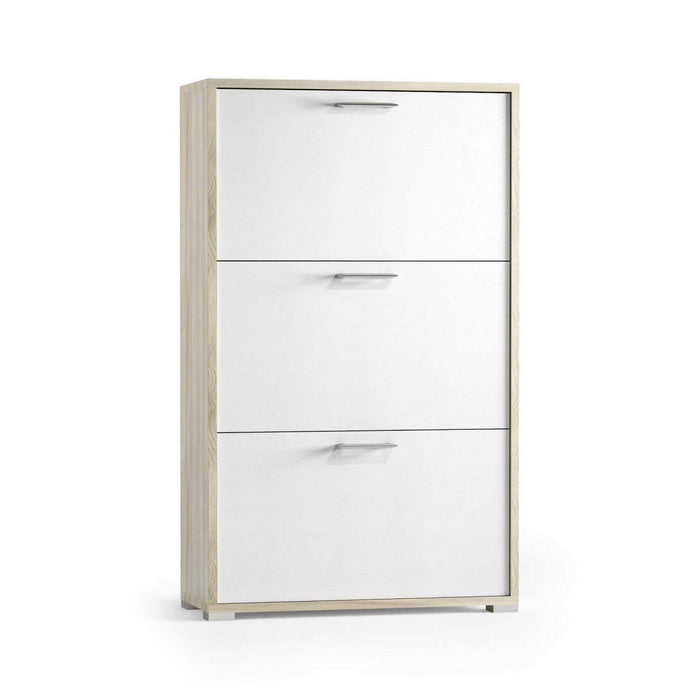 Scarpiera Axinite, Mobile multiuso da ingresso con 3 ante a ribalta, Armadietto portascarpe a doppia profonditÒ , Made in Italy, Cm 67x28h112, Bianco e Olmo
