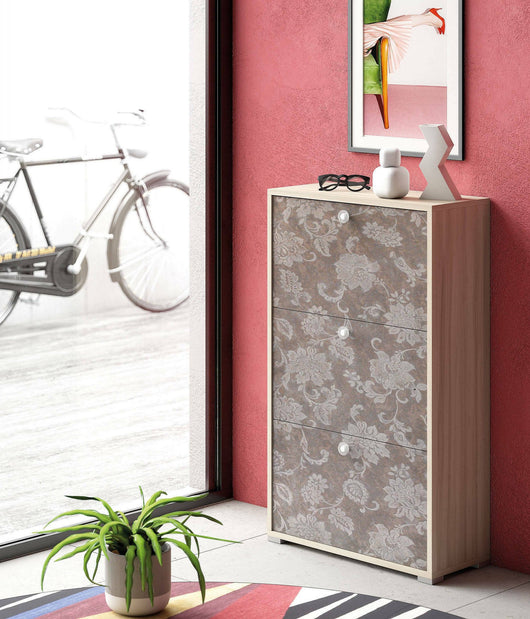 Scarpiera Axinite, Mobile multiuso da ingresso con 3 ante a ribalta, Armadietto portascarpe a doppia profonditÒ , Made in Italy, Cm 67x28h112, Olmo e fantasia