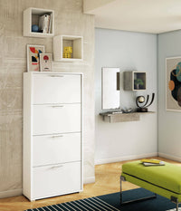 Scarpiera Adeindein, Mobile multiuso da ingresso con 4 ante a ribalta, Armadietto portascarpe a doppia profonditÒ , Made in Italy, Cm 67x28h147, Bianco
