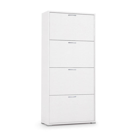Scarpiera Adeindein, Mobile multiuso da ingresso con 4 ante a ribalta, Armadietto portascarpe a doppia profonditÒ , Made in Italy, Cm 67x28h147, Bianco