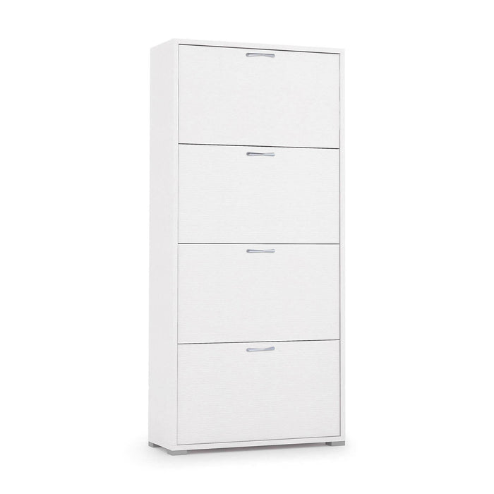 Scarpiera Adeindein, Mobile multiuso da ingresso con 4 ante a ribalta, Armadietto portascarpe a doppia profonditÒ , Made in Italy, Cm 67x28h147, Bianco