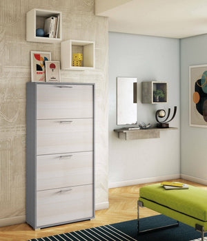 Scarpiera Adeindein, Mobile multiuso da ingresso con 4 ante a ribalta, Armadietto portascarpe a doppia profonditÒ , Made in Italy, Cm 67x28h147, Larice