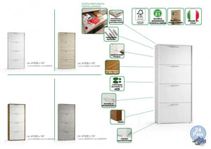 Scarpiera Adeindein, Mobile multiuso da ingresso con 4 ante a ribalta, Armadietto portascarpe a doppia profonditÒ , Made in Italy, Cm 67x28h147, Bianco e Cemento