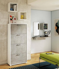Scarpiera Adeindein, Mobile multiuso da ingresso con 4 ante a ribalta, Armadietto portascarpe a doppia profonditÒ , Made in Italy, Cm 67x28h147, Bianco e Cemento