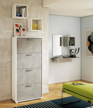 Scarpiera Adeindein, Mobile multiuso da ingresso con 4 ante a ribalta, Armadietto portascarpe a doppia profonditÒ , Made in Italy, Cm 67x28h147, Bianco e Cemento