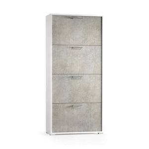 Scarpiera Adeindein, Mobile multiuso da ingresso con 4 ante a ribalta, Armadietto portascarpe a doppia profonditÒ , Made in Italy, Cm 67x28h147, Bianco e Cemento