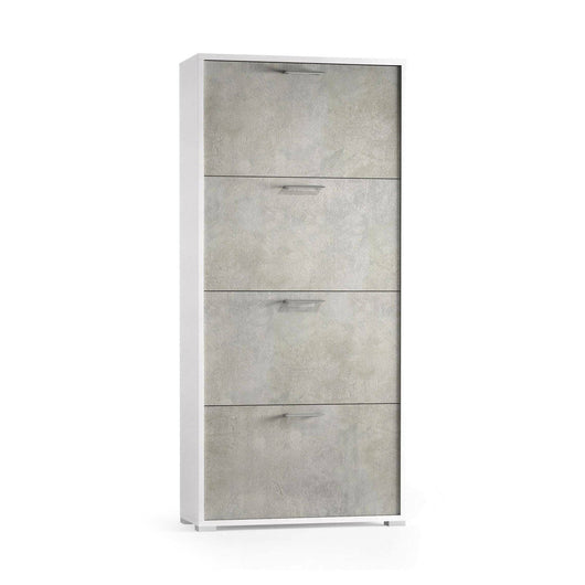 Scarpiera Adeindein, Mobile multiuso da ingresso con 4 ante a ribalta, Armadietto portascarpe a doppia profonditÒ , Made in Italy, Cm 67x28h147, Bianco e Cemento