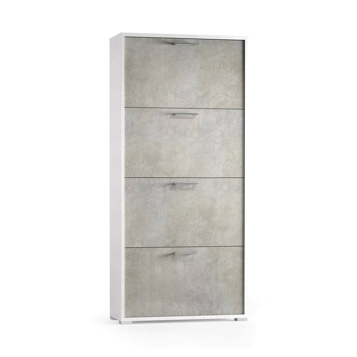 Scarpiera Adeindein, Mobile multiuso da ingresso con 4 ante a ribalta, Armadietto portascarpe a doppia profonditÒ , Made in Italy, Cm 67x28h147, Bianco e Cemento
