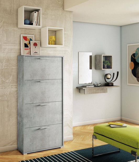 Scarpiera Adeindein, Mobile multiuso da ingresso con 4 ante a ribalta, Armadietto portascarpe a doppia profonditÒ , Made in Italy, Cm 67x28h147, Cemento