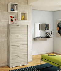 Scarpiera Adeindein, Mobile multiuso da ingresso con 4 ante a ribalta, Armadietto portascarpe a doppia profonditÒ , Made in Italy, Cm 67x28h147, Olmo