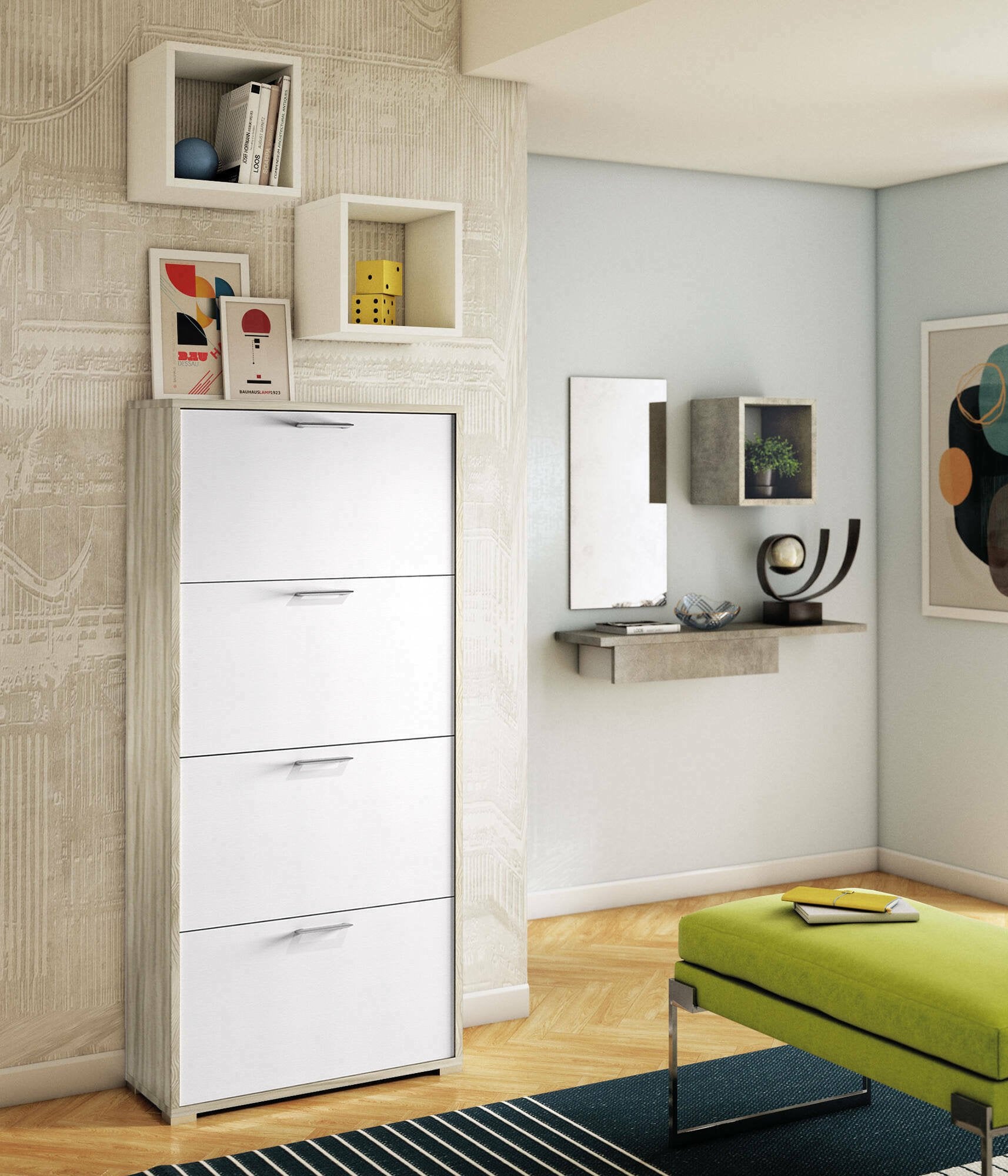 Scarpiera Adeindein, Mobile multiuso da ingresso con 4 ante a ribalta, Armadietto portascarpe a doppia profonditÒ , Made in Italy, Cm 67x28h147, Bianco e Olmo