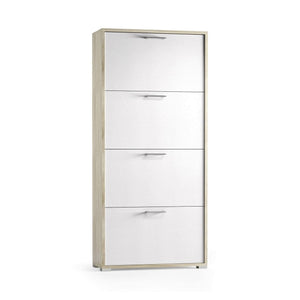 Scarpiera Adeindein, Mobile multiuso da ingresso con 4 ante a ribalta, Armadietto portascarpe a doppia profonditÒ , Made in Italy, Cm 67x28h147, Bianco e Olmo