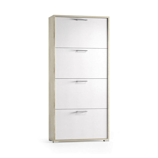 Scarpiera Adeindein, Mobile multiuso da ingresso con 4 ante a ribalta, Armadietto portascarpe a doppia profonditÒ , Made in Italy, Cm 67x28h147, Bianco e Olmo