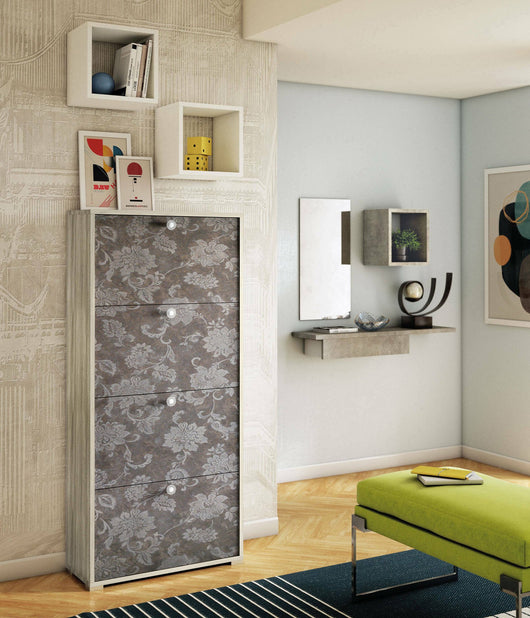 Scarpiera Adeindein, Mobile multiuso da ingresso con 4 ante a ribalta, Armadietto portascarpe a doppia profonditÒ , Made in Italy, Cm 67x28h147, Olmo e fantasia