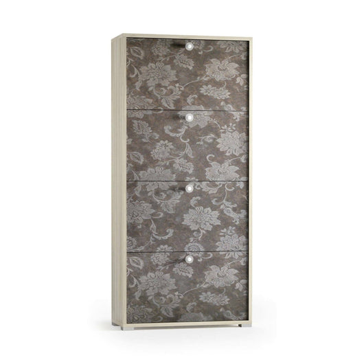 Scarpiera Adeindein, Mobile multiuso da ingresso con 4 ante a ribalta, Armadietto portascarpe a doppia profonditÒ , Made in Italy, Cm 67x28h147, Olmo e fantasia