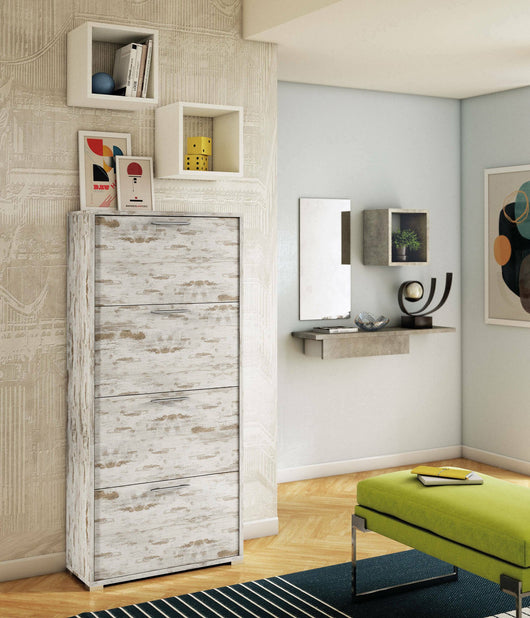 Scarpiera Adeindein, Mobile multiuso da ingresso con 4 ante a ribalta, Armadietto portascarpe a doppia profonditÒ , Made in Italy, Cm 67x28h147, Vintage