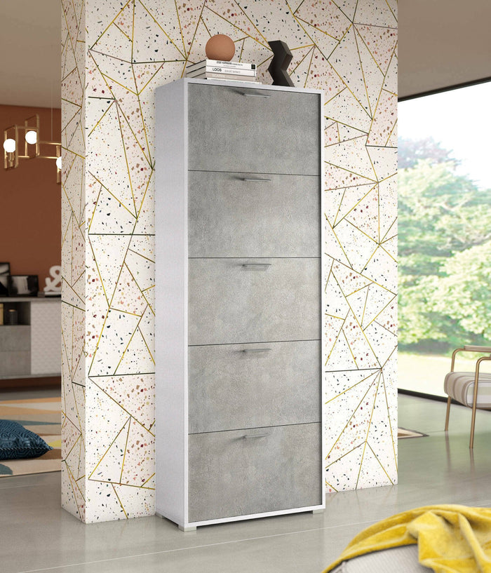 Scarpiera Anina, Mobile multiuso da ingresso con 5 ante a ribalta, Armadietto portascarpe a doppia profonditÒ , Made in Italy, Cm 67x28h183, Bianco e Cemento
