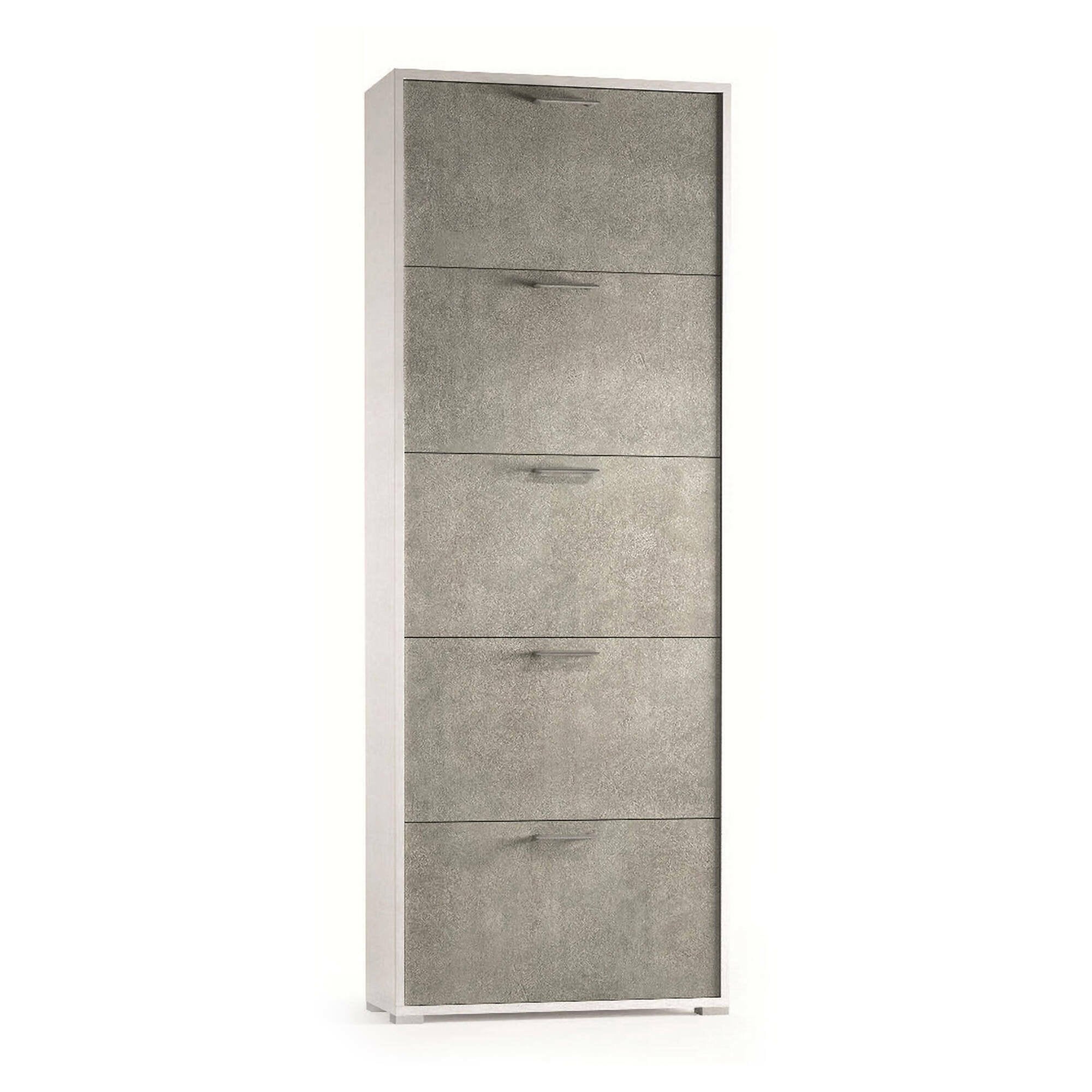 Scarpiera Anina, Mobile multiuso da ingresso con 5 ante a ribalta, Armadietto portascarpe a doppia profonditÒ , Made in Italy, Cm 67x28h183, Bianco e Cemento