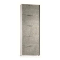 Scarpiera Anina, Mobile multiuso da ingresso con 5 ante a ribalta, Armadietto portascarpe a doppia profonditÒ , Made in Italy, Cm 67x28h183, Bianco e Cemento